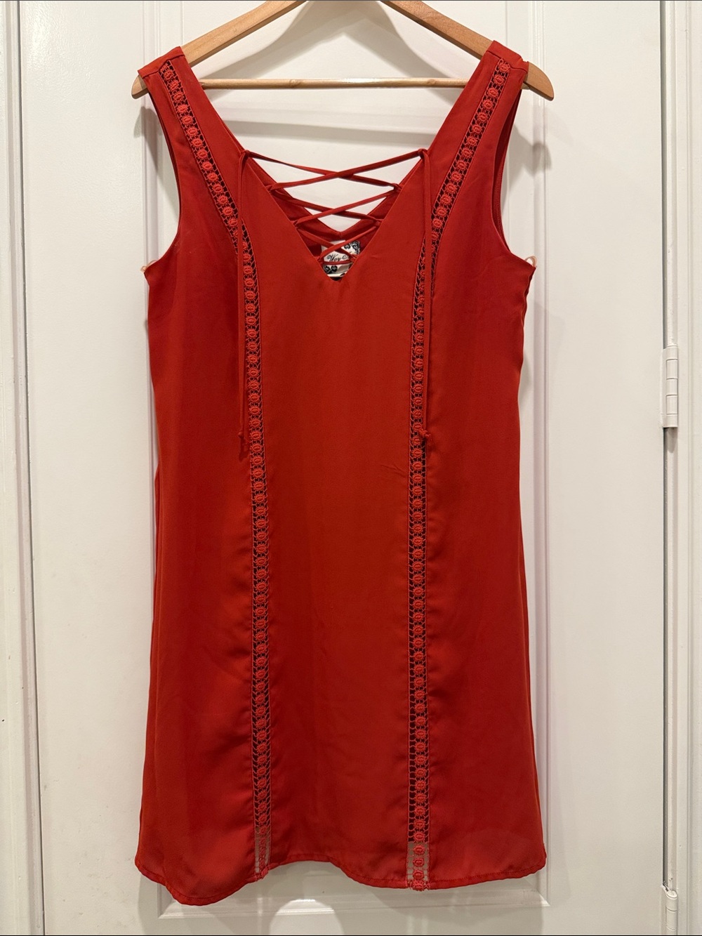 Red Lace-Detail Mini Dress with Crisscross Neckline